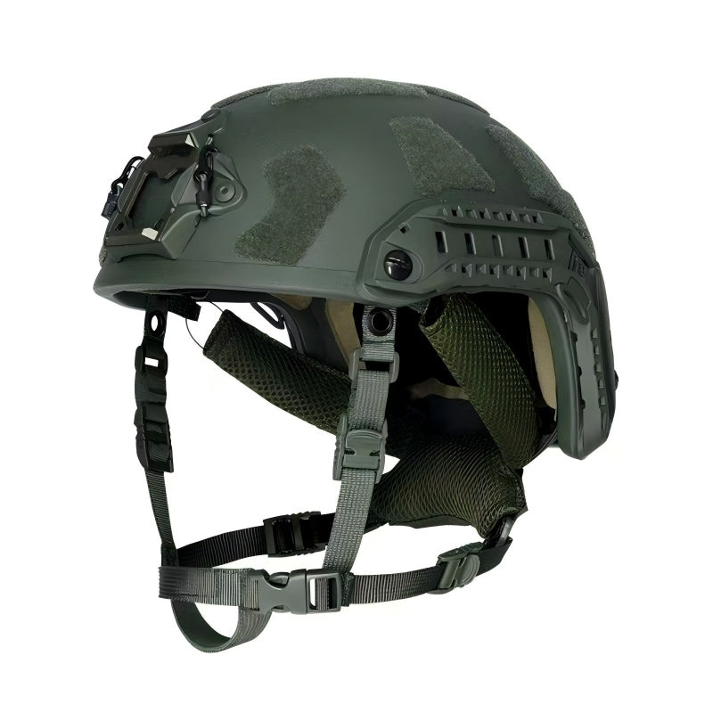 Top view of OD Green FAST SF tactical ballistic helmet, Level IIIA bulletproof military ballistic combat helmet with hook-and-loop surface