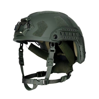 Top view of OD Green FAST SF tactical ballistic helmet, Level IIIA bulletproof military ballistic combat helmet with hook-and-loop surface