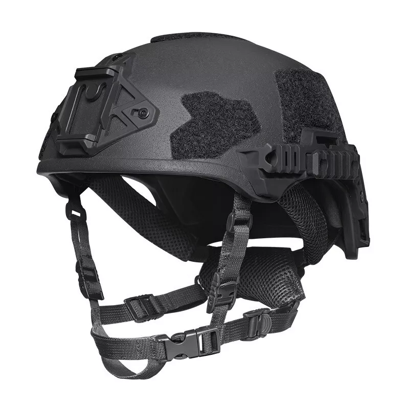 Front side view of Black Wendy Rail3 tactical ballistic helmet, Level IIIA aramid military ballistic combat helmet with front NVG mount and side tactical accessory rails
