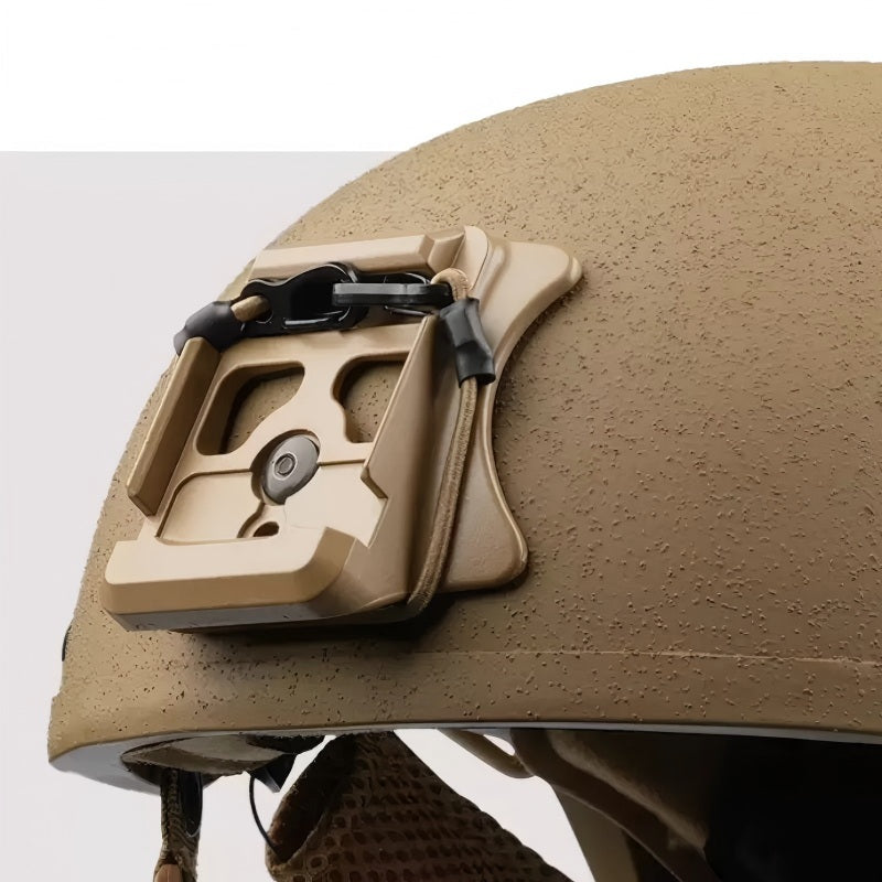 Close-up front view of front NVG mount fitting on Coyote Brown ECH MICH2001 tactical ballistic helmet, Level IIIA aramid military ballistic combat bulletproof helmet