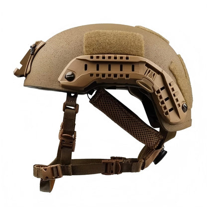 Front side view of Coyote Brown ECH MICH2001 tactical ballistic helmet, Level IIIA aramid military ballistic combat bulletproof helmet with side picatinny accessory rails