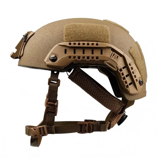 Front side view of Coyote Brown ECH MICH2001 tactical ballistic helmet, Level IIIA aramid military ballistic combat bulletproof helmet with side picatinny accessory rails