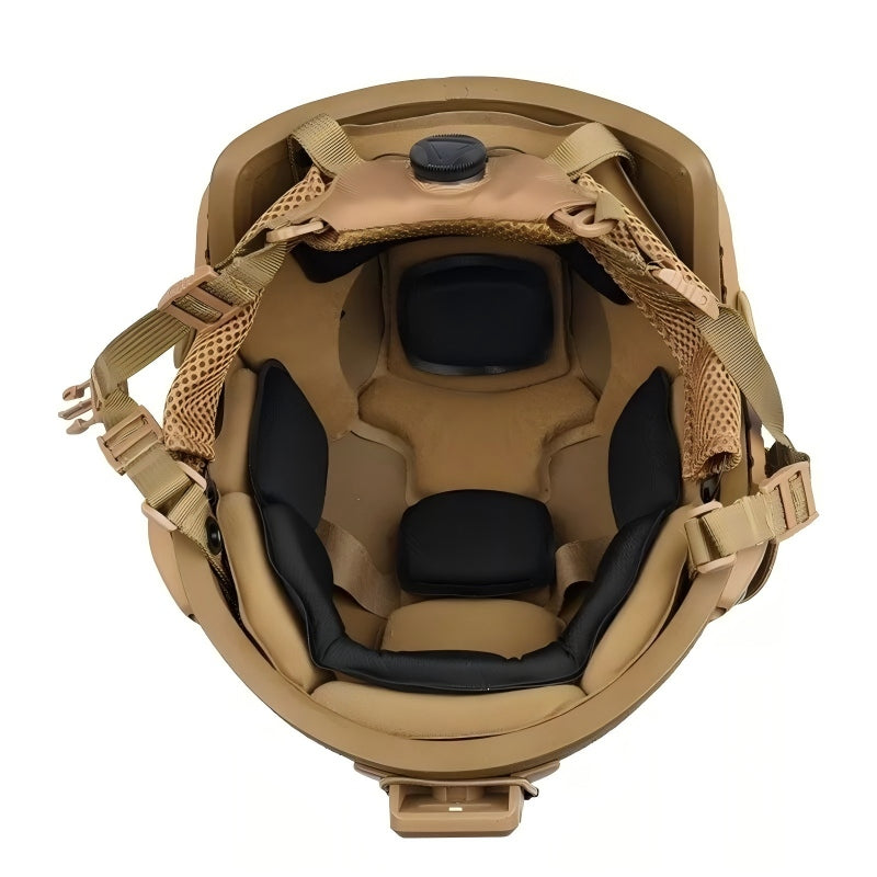 Inner padding view of Coyote Brown ECH MICH2001 tactical ballistic helmet, Level IIIA aramid military ballistic combat bulletproof helmet with full cushioned inner suspension system