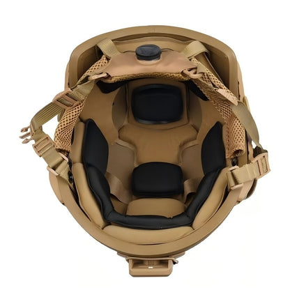 Inner padding view of Coyote Brown ECH MICH2001 tactical ballistic helmet, Level IIIA aramid military ballistic combat bulletproof helmet with full cushioned inner suspension system
