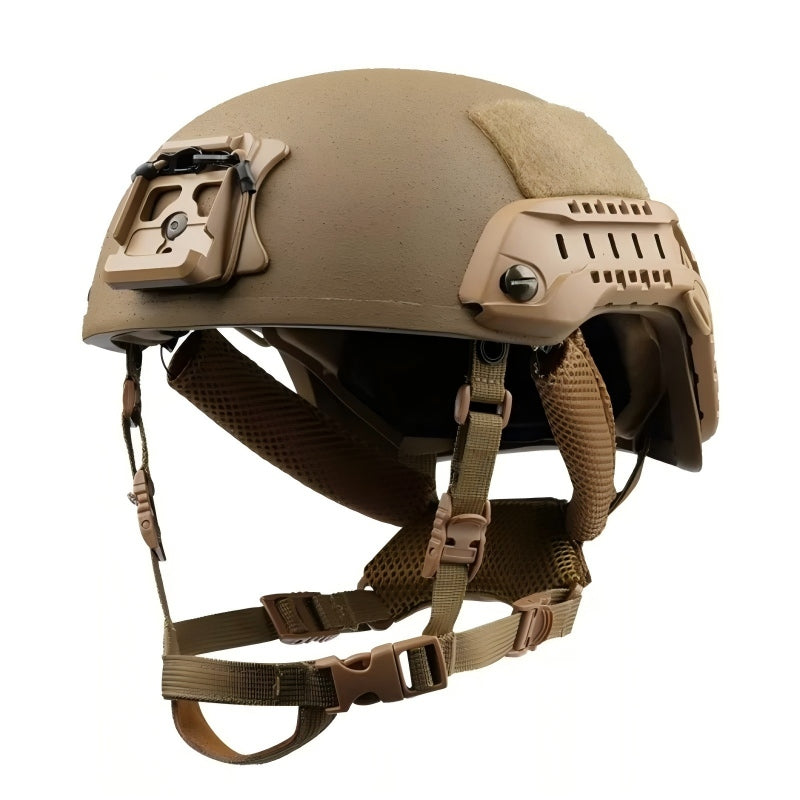 Rear side view of Coyote Brown ECH MICH2001 tactical ballistic helmet, Level IIIA aramid military ballistic combat bulletproof helmet with side accessory rails and rear NVG mount base