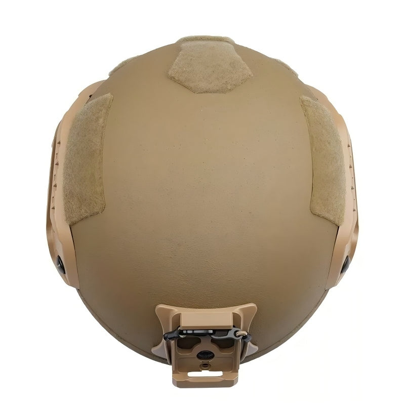 Top down overhead view of Coyote Brown ECH MICH2001 tactical ballistic helmet, Level IIIA aramid military combat bulletproof helmet with full top hook-and-loop patch panels and rear front NVG mounting base