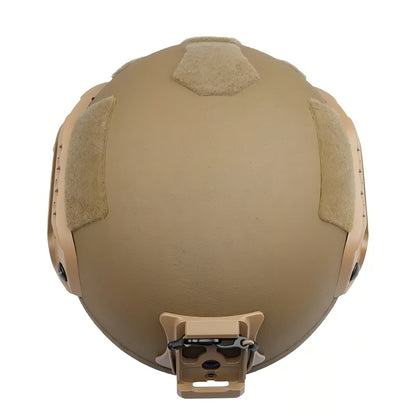 Top down overhead view of Coyote Brown ECH MICH2001 tactical ballistic helmet, Level IIIA aramid military combat bulletproof helmet with full top hook-and-loop patch panels and rear front NVG mounting base