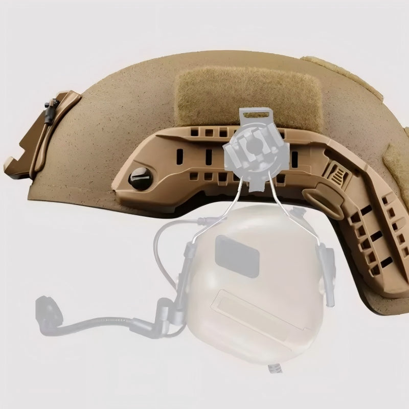 Side view of Coyote Brown ECH MICH2001 tactical ballistic helmet, Level IIIA aramid military ballistic combat bulletproof helmet equipped with detachable tactical communication headset mount and ear protection headset