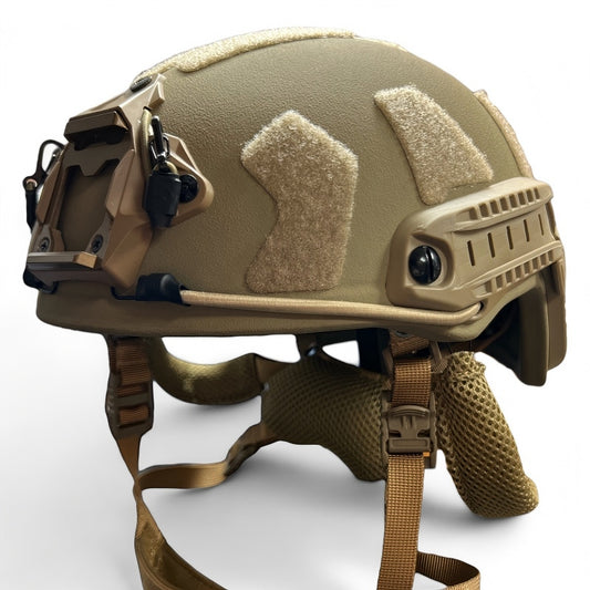 Front side product photo of Coyote Brown FAST High Cut tactical ballistic helmet, Level IIIA UHMW-PE military combat bulletproof helmet with front NVG mount, side picatinny accessory rails, full hook-and-loop panels and adjustable chin suspension straps