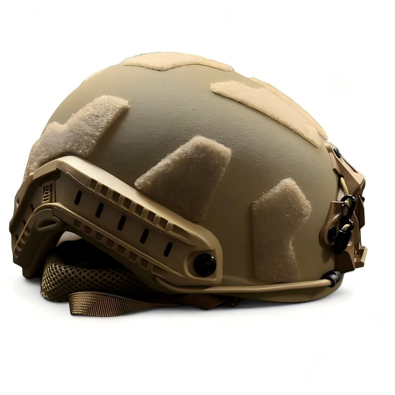 Rear side product photo of Coyote Brown FAST High Cut tactical ballistic helmet, Level IIIA UHMW-PE military combat bulletproof helmet with side picatinny rails, segmented hook-and-loop patches and rear NVG mounting base