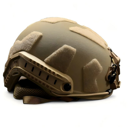 Rear side product photo of Coyote Brown FAST High Cut tactical ballistic helmet, Level IIIA UHMW-PE military combat bulletproof helmet with side picatinny rails, segmented hook-and-loop patches and rear NVG mounting base