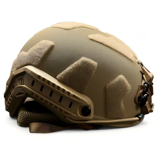Rear side product photo of Coyote Brown FAST High Cut tactical ballistic helmet, Level IIIA UHMW-PE military combat bulletproof helmet with side picatinny rails, segmented hook-and-loop patches and rear NVG mounting base