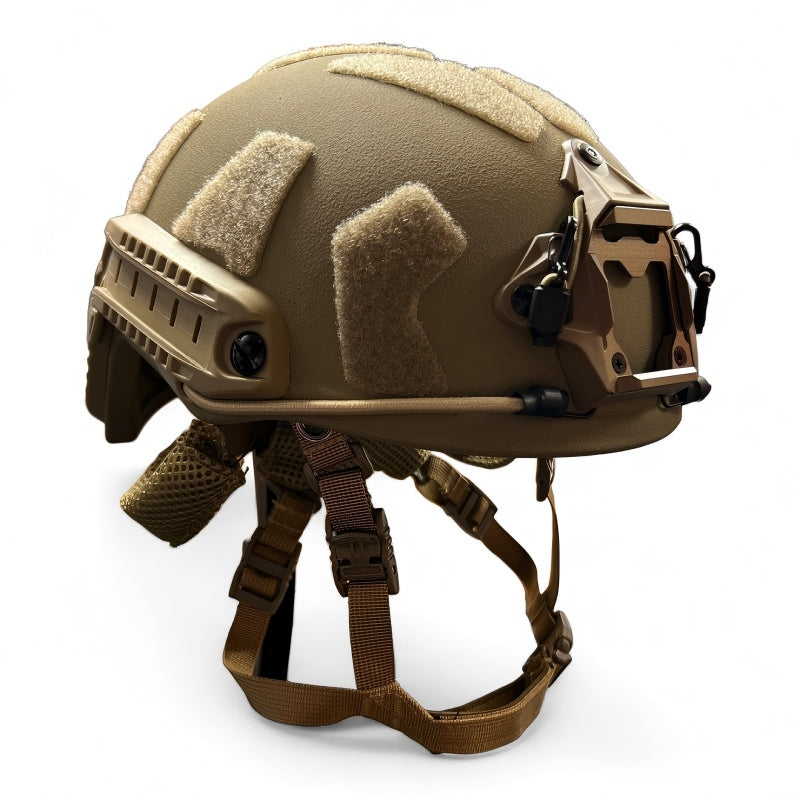 Three quarter front product photo of Coyote Brown FAST High Cut tactical ballistic helmet, Level IIIA UHMW-PE military combat bulletproof helmet with front NVG mounting bracket, side picatinny rails, segmented hook-and-loop panels and full adjustable suspension chin straps