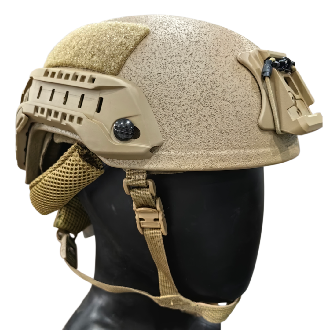 Side view of SBD Tactical Coyote Brown Level IIIA ballistic helmet