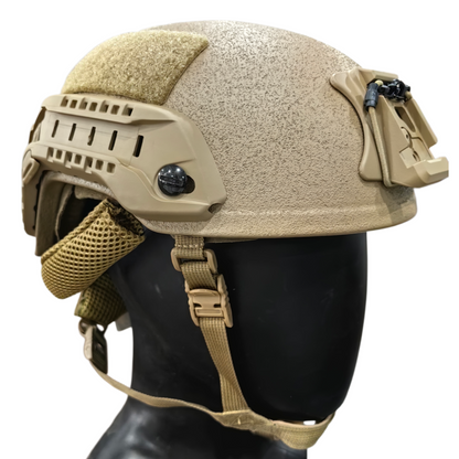 Side view of SBD Tactical Coyote Brown Level IIIA ballistic helmet