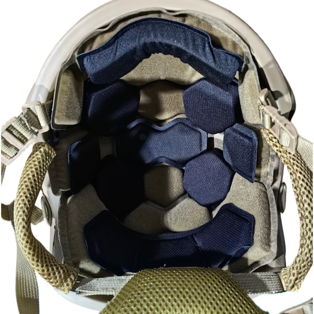 Close-up of the chin strap on SBD Tactical Coyote Brown Level IIIA ballistic helmet