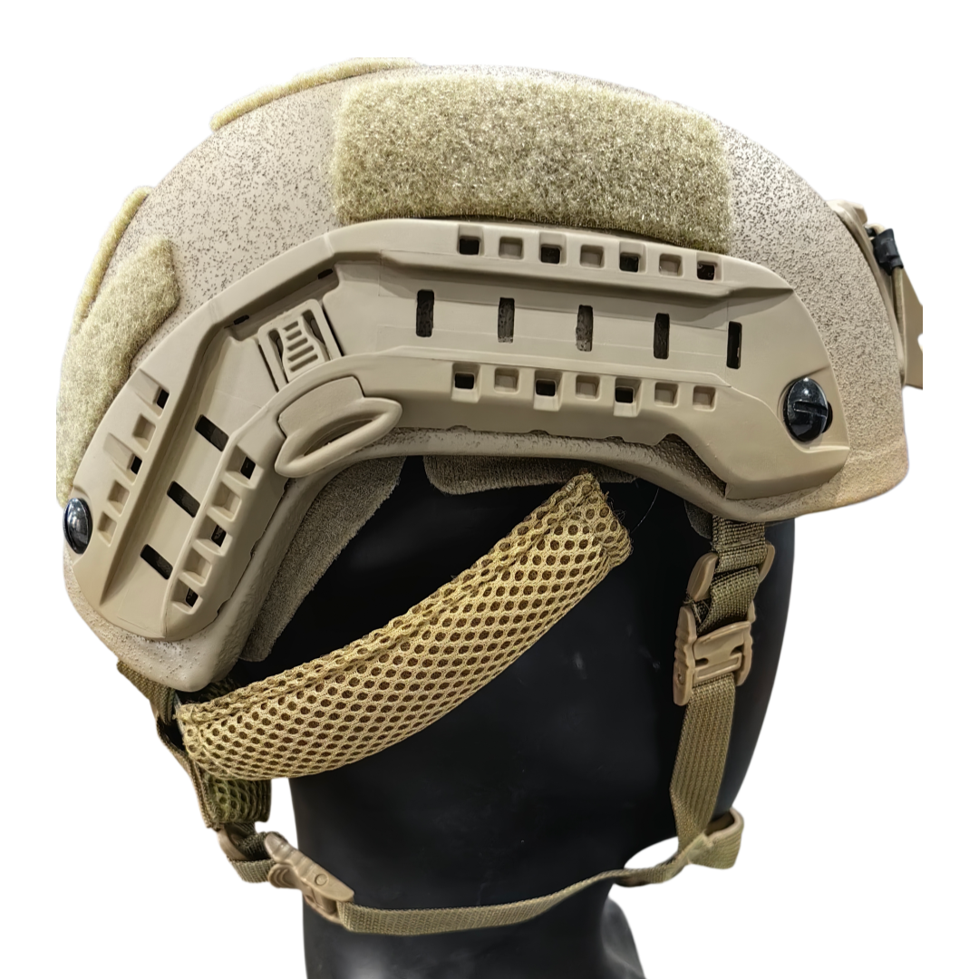 Top view of SBD Tactical Coyote Brown Level IIIA ballistic helmet with hook-and-loop panels