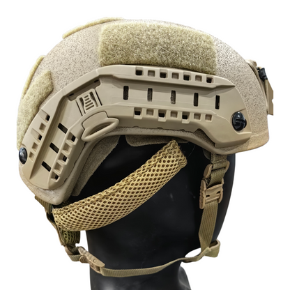 Top view of SBD Tactical Coyote Brown Level IIIA ballistic helmet with hook-and-loop panels