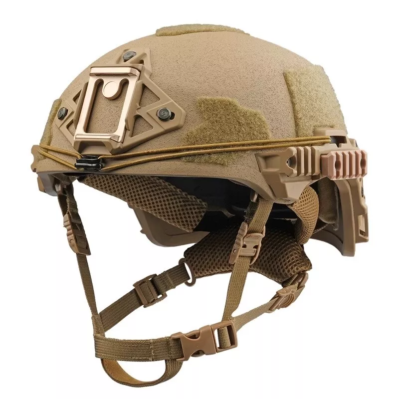 Front side view of Coyote Brown Wendy Rail3 tactical ballistic helmet, Level IIIA aramid military ballistic combat helmet with golden front NVG mount and side accessory rails