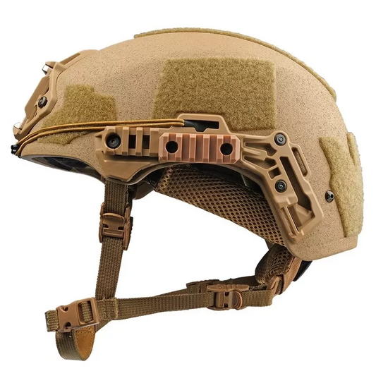 Rear side view of Coyote Brown Wendy Rail3 tactical ballistic helmet, Level IIIA aramid military ballistic combat helmet with side picatinny accessory rails and adjustable chin straps