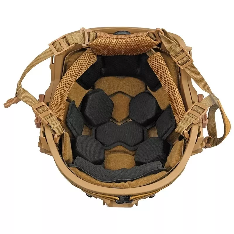 Inner padding view of Coyote Brown Wendy Rail3 tactical ballistic helmet, Level IIIA aramid military ballistic combat helmet showing honeycomb foam liner and adjustable retention straps