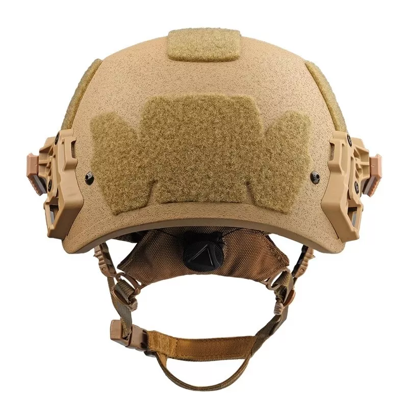 Full rear view of Coyote Brown Wendy Rail3 tactical ballistic helmet, Level IIIA aramid military ballistic combat helmet with large rear hook-and-loop panel and adjustable retention system
