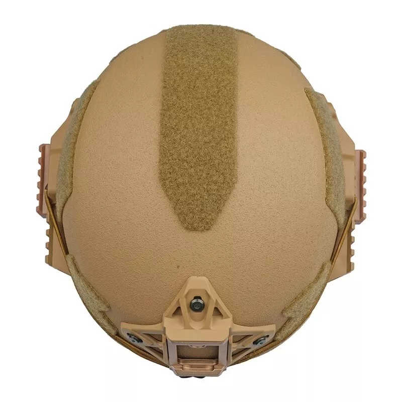 Top down view of Coyote Brown Wendy Rail3 tactical ballistic helmet, Level IIIA aramid military ballistic combat helmet with central top hook-and-loop strip and side accessory rails
