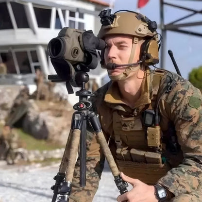 Outdoor patrol shooting scene of tactical operator wearing Coyote Brown ECH MICH2001 tactical ballistic helmet, Level IIIA aramid military combat bulletproof helmet with tactical communication headset and observation spotting scope
