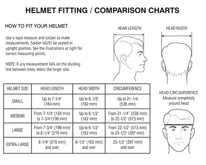 ECH MICH2001 tactical ballistic helmet size measurement chart, size fitting guide with head length, head width and head circumference parameter table for Level IIIA aramid military combat bulletproof helmet