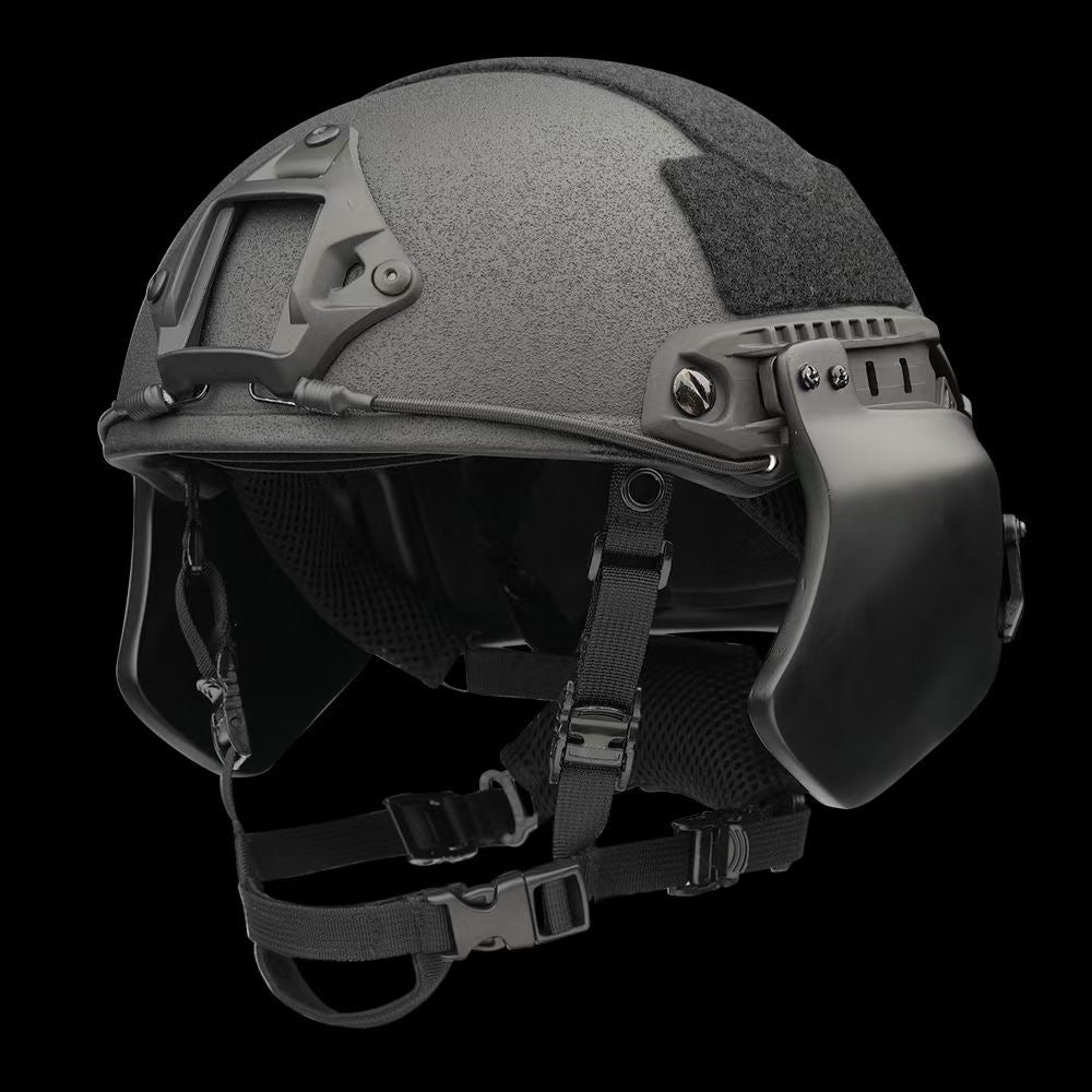 Front side view of SBD TACTICAL Black FAST full cut NIJ Level IIIA ballistic helmet with full side ear protection armor, military bulletproof combat helmet, top front hook-and-loop patch panels