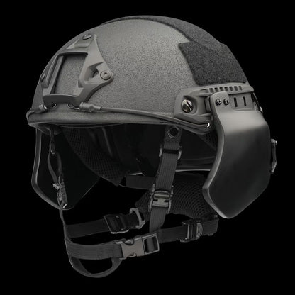 Front side view of SBD TACTICAL Black FAST full cut NIJ Level IIIA ballistic helmet with full side ear protection armor, military bulletproof combat helmet, top front hook-and-loop patch panels