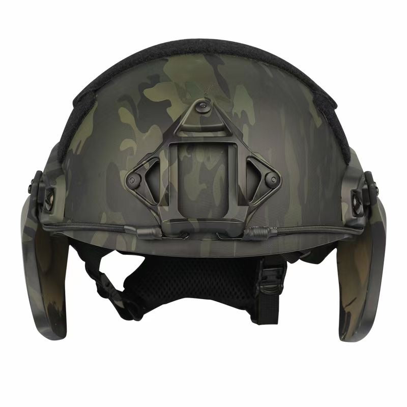 Front view of SBD TACTICAL Black MC FAST full cut NIJ Level IIIA ballistic helmet with full side ear armor, military bulletproof combat helmet, front top hook-and-loop panel for tactical patches and NVG mount base