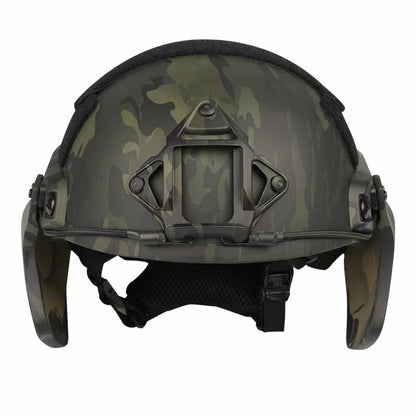 Front view of SBD TACTICAL Black MC FAST full cut NIJ Level IIIA ballistic helmet with full side ear armor, military bulletproof combat helmet, front top hook-and-loop panel for tactical patches and NVG mount base