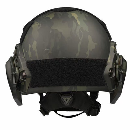Rear view of SBD TACTICAL Black MC FAST full cut NIJ Level IIIA ballistic helmet with full side ear protection, tactical military bulletproof combat helmet, wide front hook-and-loop panel for patches