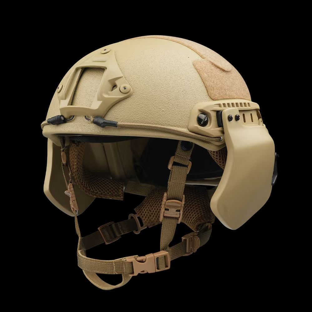 Front side view of SBD TACTICAL Coyote Brown FAST full cut NIJ Level IIIA ballistic helmet with full side ear armor, military bulletproof combat helmet, top hook-and-loop patch area and front NVG mount base