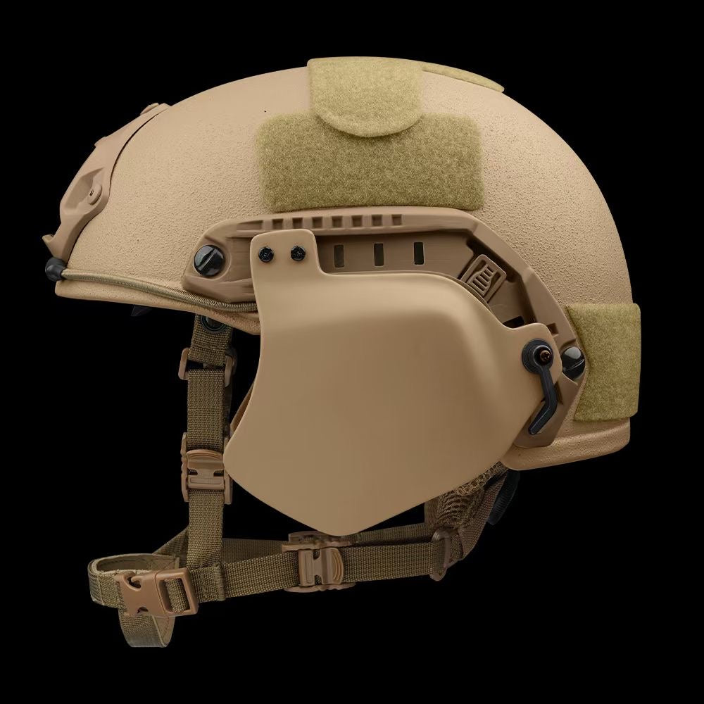 Side view of SBD TACTICAL Coyote Brown FAST full cut NIJ Level IIIA ballistic helmet with full side ear armor, military bulletproof combat helmet, multi-position hook-and-loop panels for tactical patches