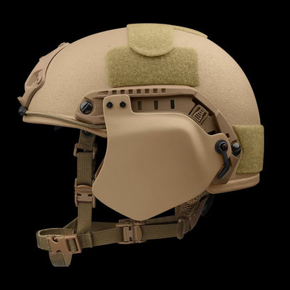 Side view of SBD TACTICAL Coyote Brown FAST full cut NIJ Level IIIA ballistic helmet with full side ear armor, military bulletproof combat helmet, multi-position hook-and-loop panels for tactical patches