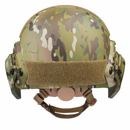 Back view of SBD TACTICAL MC FAST full cut NIJ Level IIIA ballistic helmet with full side ear protection armor, military bulletproof combat helmet, wide rear hook-and-loop panel for tactical patches and adjustable suspension straps