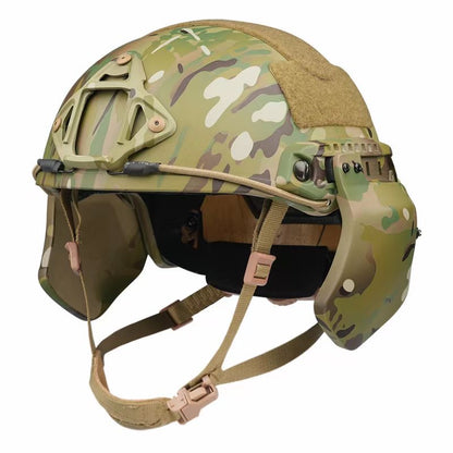 Rear side view of SBD TACTICAL MC FAST full cut NIJ Level IIIA ballistic helmet with full side ear protection, tactical military bulletproof combat helmet with NVG mount and ARC rails, full top hook-and-loop panel for patches