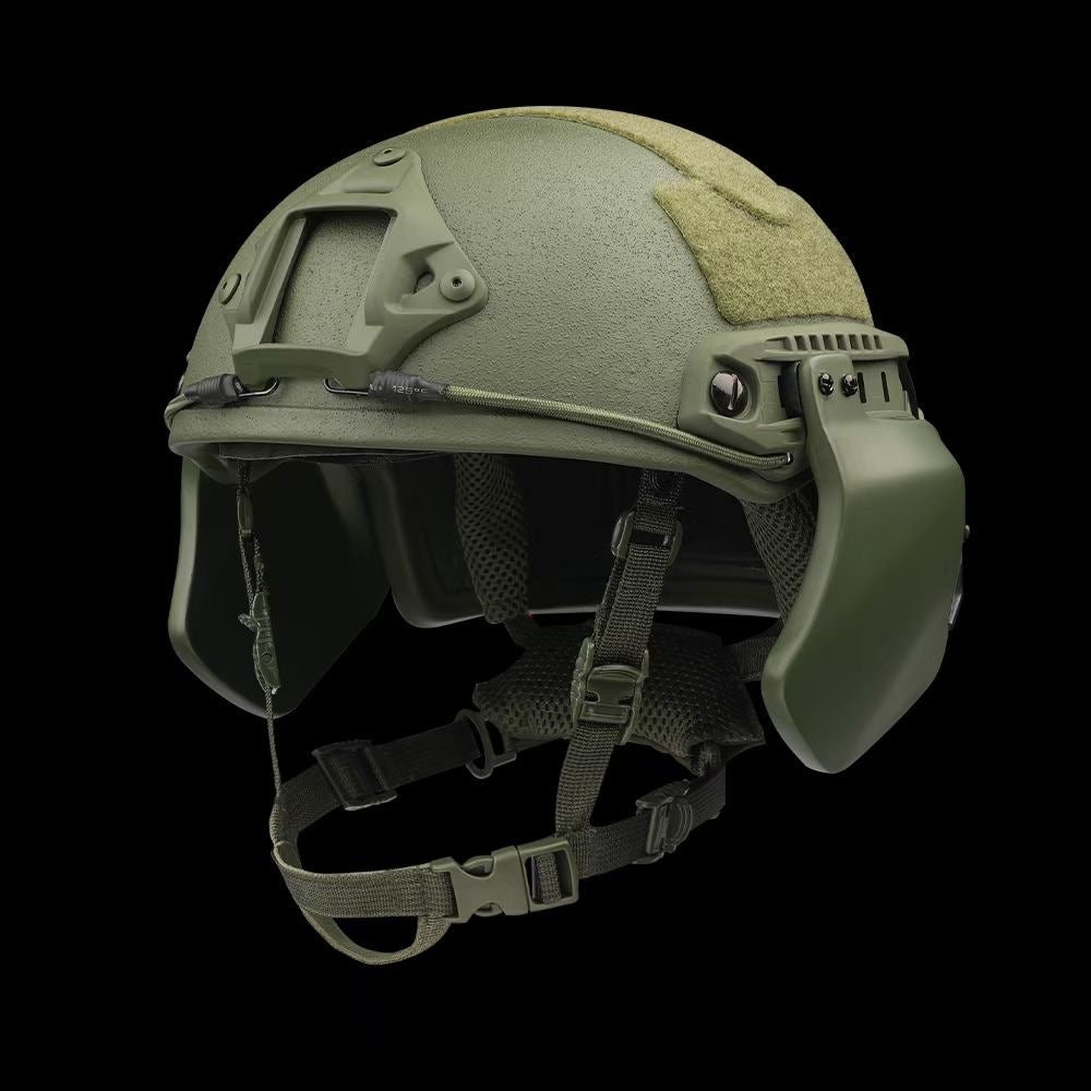Side view of SBD TACTICAL OD Green FAST full cut NIJ Level IIIA ballistic helmet with full side ear armor, military bulletproof combat helmet, top hook-and-loop panel for tactical patches