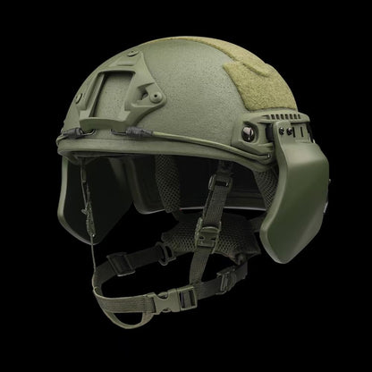 Side view of SBD TACTICAL OD Green FAST full cut NIJ Level IIIA ballistic helmet with full side ear armor, military bulletproof combat helmet, top hook-and-loop panel for tactical patches