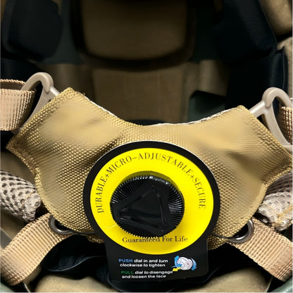 Close-up interior shot of micro adjustable tightening dial inside Coyote Brown FAST High Cut tactical ballistic helmet, Level IIIA UHMW-PE military combat bulletproof helmet inner suspension padding and adjustable retention system detail