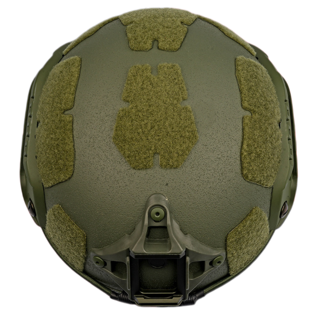 Rear view of SBD Tactical Level IIIA High Cut MICH 2001 ballistic helmet in OD Green