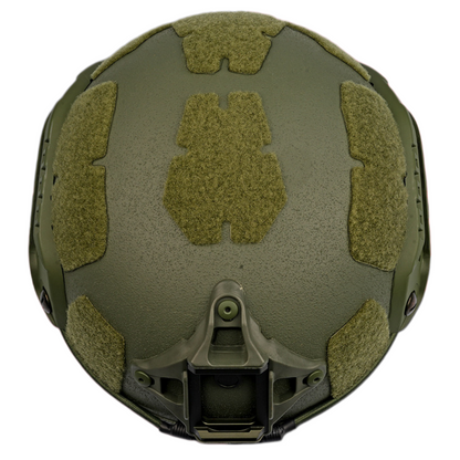 Rear view of SBD Tactical Level IIIA High Cut MICH 2001 ballistic helmet in OD Green
