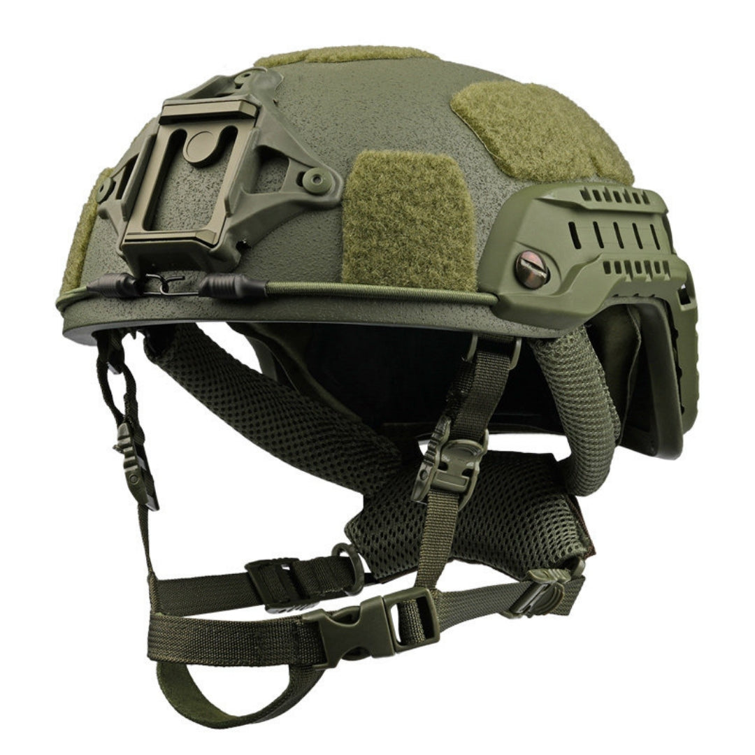 Side view of SBD Tactical Level IIIA High Cut MICH 2001 ballistic helmet in OD Green