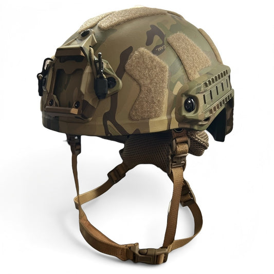 Front side view of MC camo FAST High Cut tactical ballistic helmet, Level IIIA UHMWPE military combat bulletproof helmet with front NVG mount, side picatinny rails & hook-and-loop panels