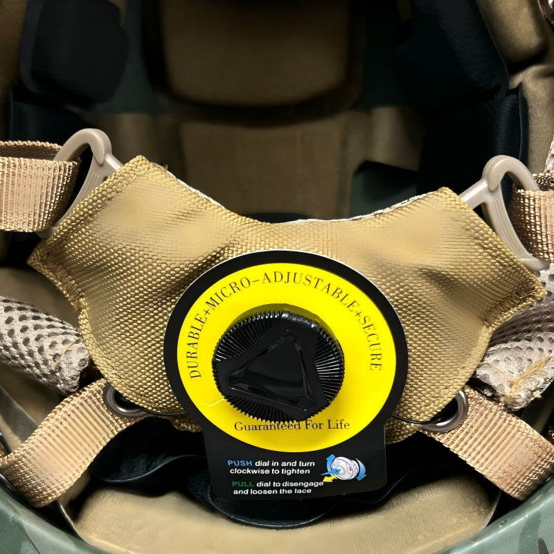 Close-up interior shot of adjustable retention dial inside MC camo FAST High Cut tactical ballistic helmet, Level IIIA UHMWPE military helmet inner padded suspension system
