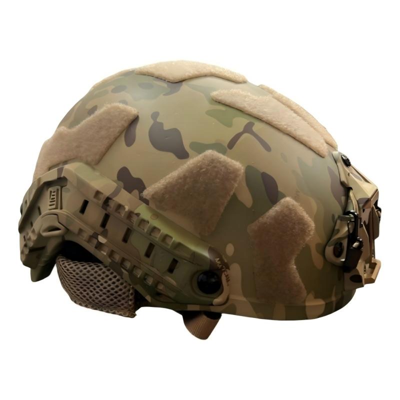 Rear side view of MC camo FAST High Cut tactical ballistic helmet, Level IIIA UHMWPE military combat bulletproof helmet with segmented hook-and-loop patches