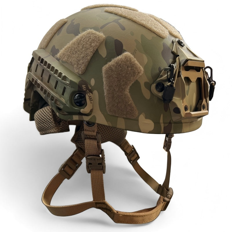Three-quarter front shot of MC camo FAST High Cut tactical ballistic helmet, Level IIIA UHMWPE military combat bulletproof helmet with adjustable chin suspension straps