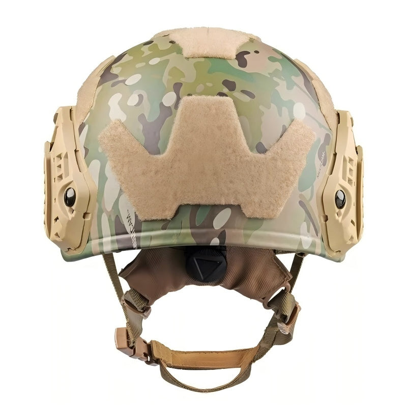 Inner liner view of MC style camouflage FAST SF tactical ballistic helmet, Level IIIA bulletproof military ballistic combat helmet with adjustable retention straps
